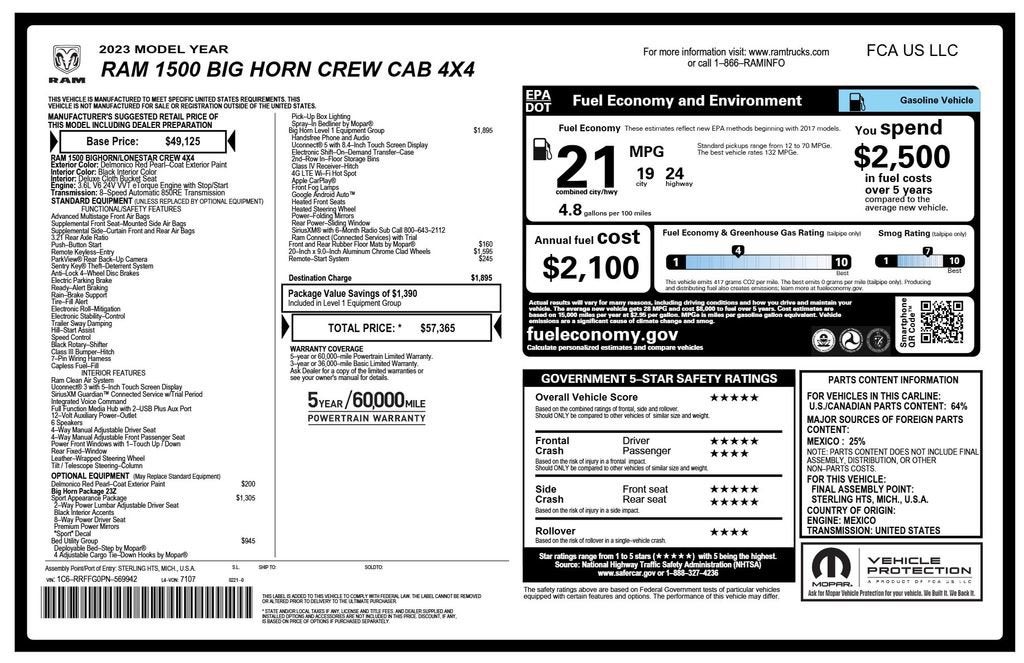 2023 RAM 1500 Big Horn Crew Cab 4x4 5'7" Box
